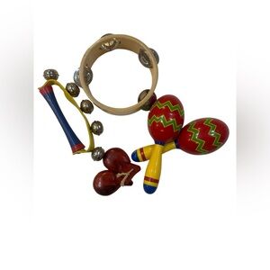 4 Piece Colorful Musical Instrument Set Tamborine Bells Maracas Castanets.